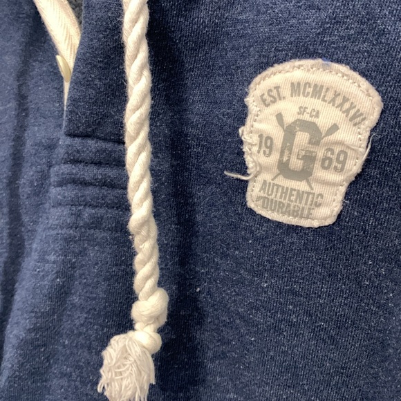 Gap Patch Logo 1/2 Button Hooded Sweatshirt, Heather Blue, size Large - Picture 3 of 5